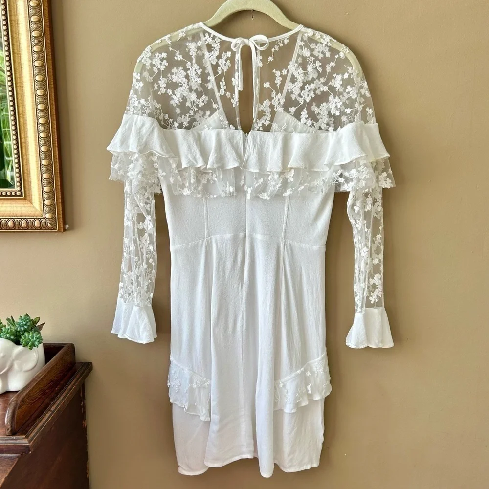 For Love & Lemons Rosebud Mini Dress White Lace Embroidered Sleeve Ruffle Size S